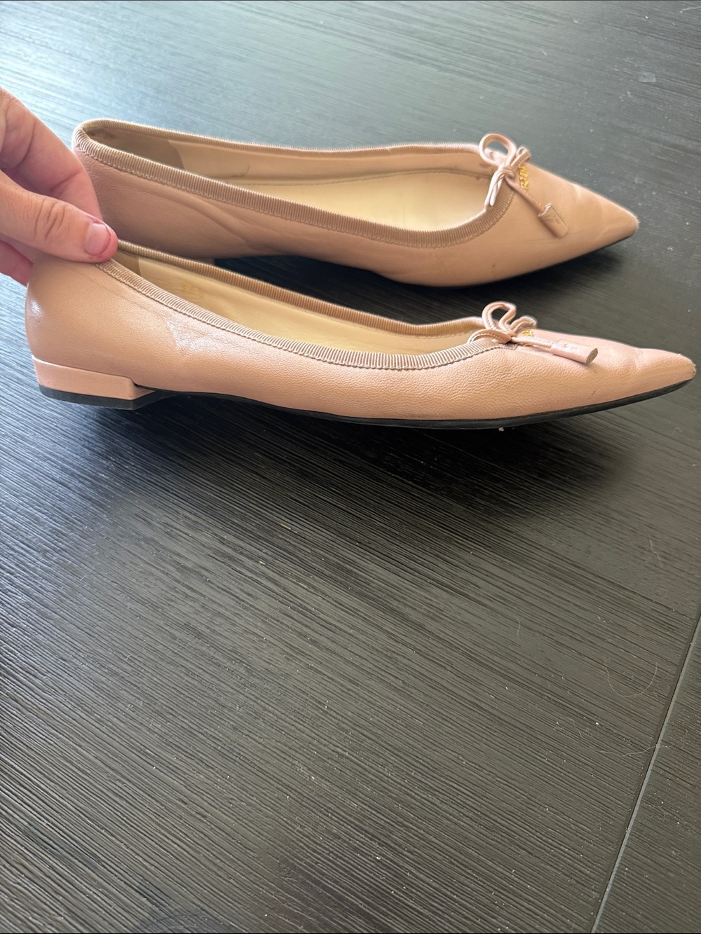 Prada Nude Pink Pointed-Toe Leather Ballet Flats with Bow Accent - Picture 5 of 11
